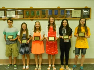 Wawasee Middle School eighth-grade students who earned straight A grades all three years of middle school included, from left, Isaiah Metcalf, Tiffany Koble, Kyndall Fisher, Hannah-Marie Lamle, Rosalie Garro and Amanda Mall.