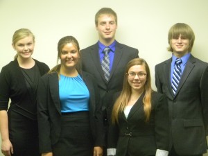 For their interviews Thursday evening, the candidates donned business attire. Pictured in the back row (from left) is Hannah Tucker, Chris Baker and Cody Demske. Front row is Miranda Domiano and Ashley Blackburn. (Photo by Andrea Yeater)