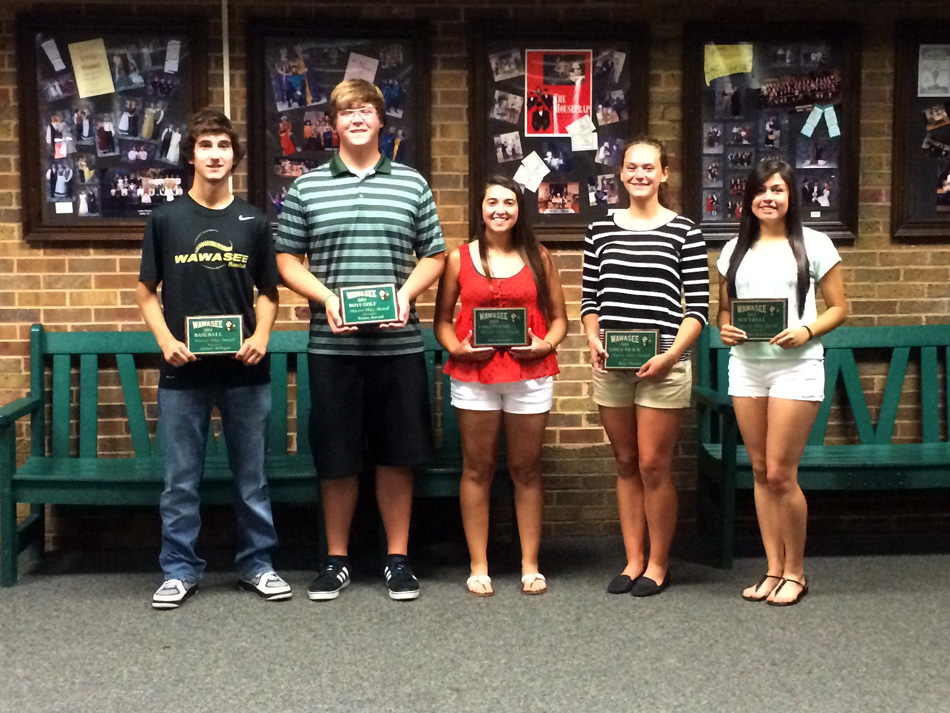 Recipients of the Wawasee Warrior Way awards for the spring of 2014 were, from left, Andrew Milligan (baseball); Tristen Atwood (boys golf); Jada Antonides (girls tennis); Ruby Minnick (girls track); and Cristina DeLaFuente (softball). Not pictured is Ethan Brown (boys track). (Photo by Mike Deak)
