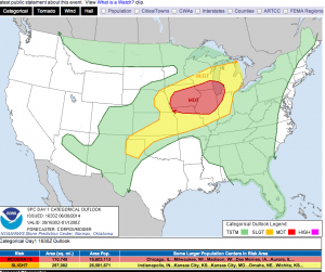 The NWS Storm Prediction Center is forecasting a Moderate Risk for severe weather from the Mid-Mississippi Valley to the Great Lakes Monday. Primary risks will be from large hail and damaging winds. A few significant tornadoes are also possible.  