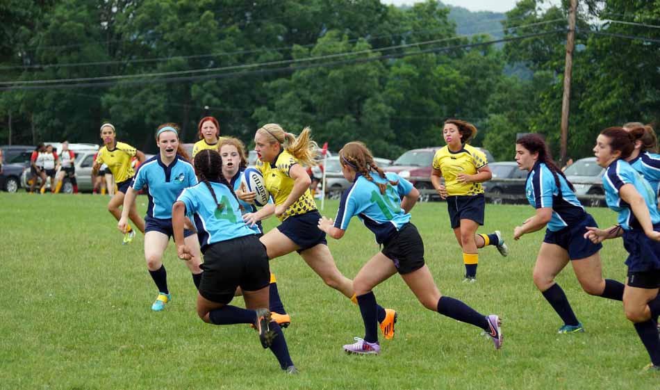 Rugby Indiana's Makinzie Hoagland advances the ball against New York West at the Challenge Cup Regional All-Star Rugby Tournament in Pittsburgh last weekend. The Indiana side were 2-1 in pool play. (Photos provided by Trevor Cracknell)