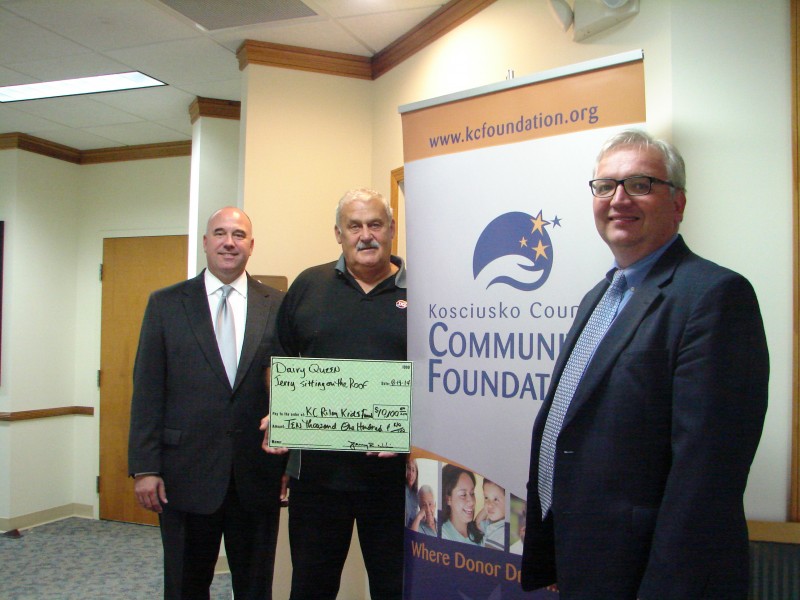 Local Dairy Queen owner, Jerry Nolin, center, presents a check for $10,100 to the KC Riley Kids Fund at the Kosciusko County Community Foundation. Also pictured are KC Riley Fund founders, Alan Alderfer, left, and Mike Bergen. (Photo provided)