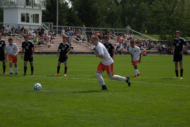 Sam Allbritten prepares to take a penalty kick for Warsaw Saturday during a 2-1 win over Penn (Photo by Ansel Hygema)