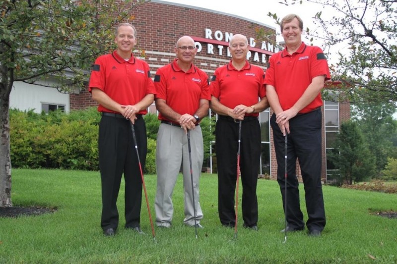Grace College will add women's golf starting in the fall of 2015. Shown above (from left) are Chad Briscoe, Denny Duncan, Bill Katip and Jim Swanson (Photo provided by the Grace College Sports Information Department)