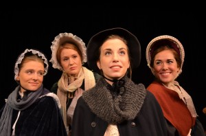 Jo (Nicole Tompkins), in front, is the main character in “Little Women The Broadway Musical” now on stage at Amish Acre’s Round Barn Theatre. Behind her are sisters, from left, Amy (Katie Kuehner), Beth (Marian van Noppen) and Meg (Samantha Disney). The musical is on stage through Aug. 31.