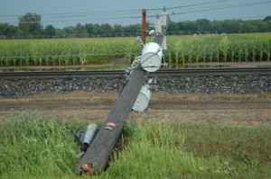 One of three utility poles damaged by high straight line winds that cut through the area Tuesday afternoon. The damage occurred along Old SR 15 about one mile south of Milford.