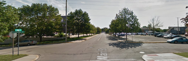 The intersection of Main and Indiana has become an area of concern since parking spaces (not shown) were added along the south side of Main Street last fall. (Google Street View photo)