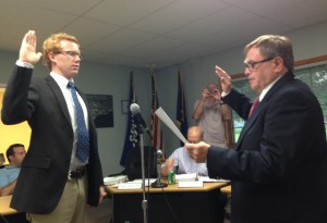 Robert H. Swanson (left) being sworn in as Winona Lake Council Member by Town Attorney James Walmer.