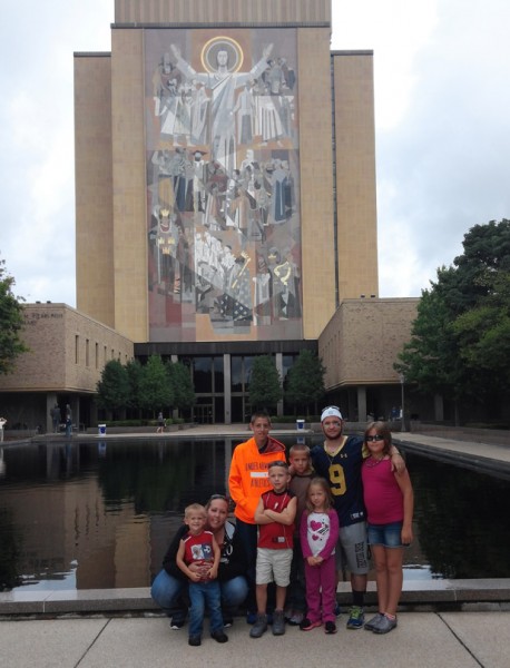 Several members of the Patterson Family, Milford, traveled to Notre Dame early Saturday morning to visit Travis Patterson, shown in Notre Dame attire, prior to the big rivalry game between the Fighting Irish and Michigan Wolverines. Patterson, a 2014 graduate of Wawasee High School is a transfer student from Bethel College to Notre Dame's School of Engineering. (Photo by Deb Patterson)