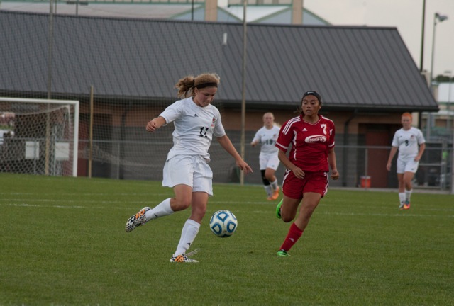 Megan Kratzsch controls the ball for Warsaw versus Goshen Tuesday night (Photos by Ansel Hygema)