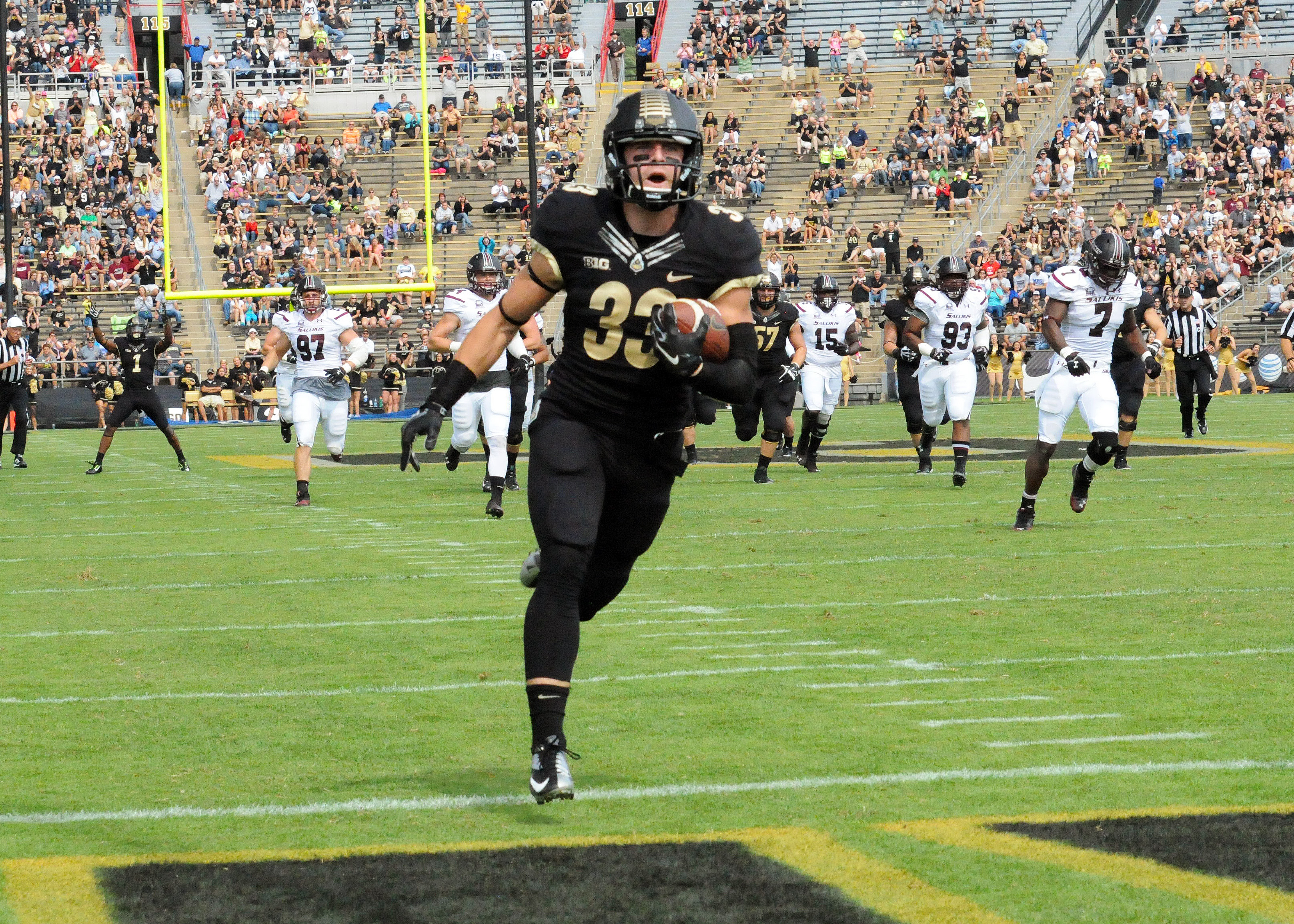 Purdue wide receiver Danny Anthrop finds the end zone after scoring on a 44-yard touchdown pass. Purdue beat Southern Illinois 35-13 Saturday afternoon. (Photos by Dave Deak)