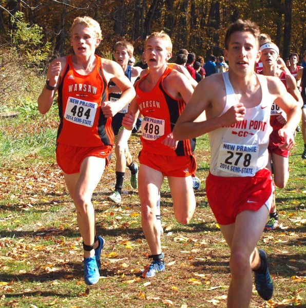 Warsaw's Owen Glogovsky and Daniel Messenger compete Saturday in the New Prairie Cross Country Semistate (Photo provided by Tim Creason). 