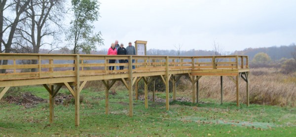 The raised wooden walkway provides a view of the wetlands