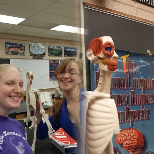 Left: Lisa Otto and Delilah Hochstedler in class. Right: A mannequin used to make 3D models of human organs.