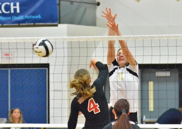 Liz Hardy was stellar Saturday for Wawasee. Hardy is pictured here getting her first of six blocks.