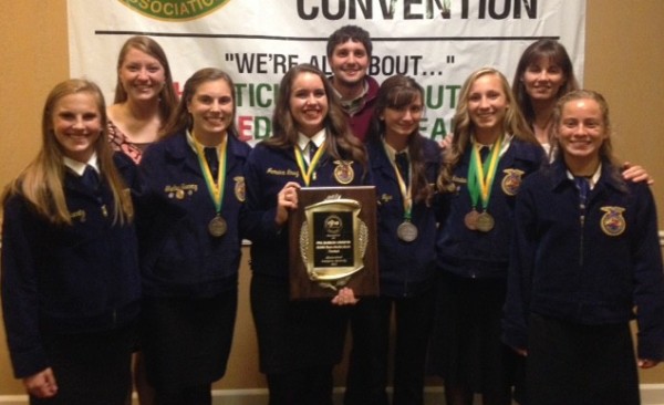 Wawasee High School’s FFA horticulture judging team took first place at the national competition in Kentucky. In front, from left, are team members Molly Swartz, Shelby Swartz, Katie Acton, Sophia Nyce, Sarah Harden and Leeann Estrada. In the back are faculty advisors Mariah Roberts and Tyler Boganwright and the team’s coach, Joan Harden.