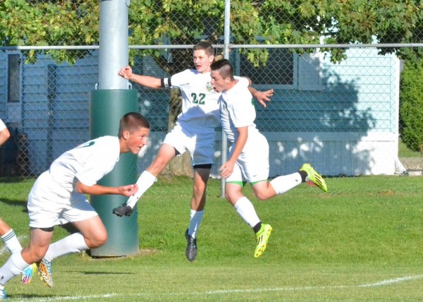 Brock O'Haver (22) and Kyle Weideman celebrate Wawasee's only goal of the match. O'Haver was assisted by Weideman on the play.