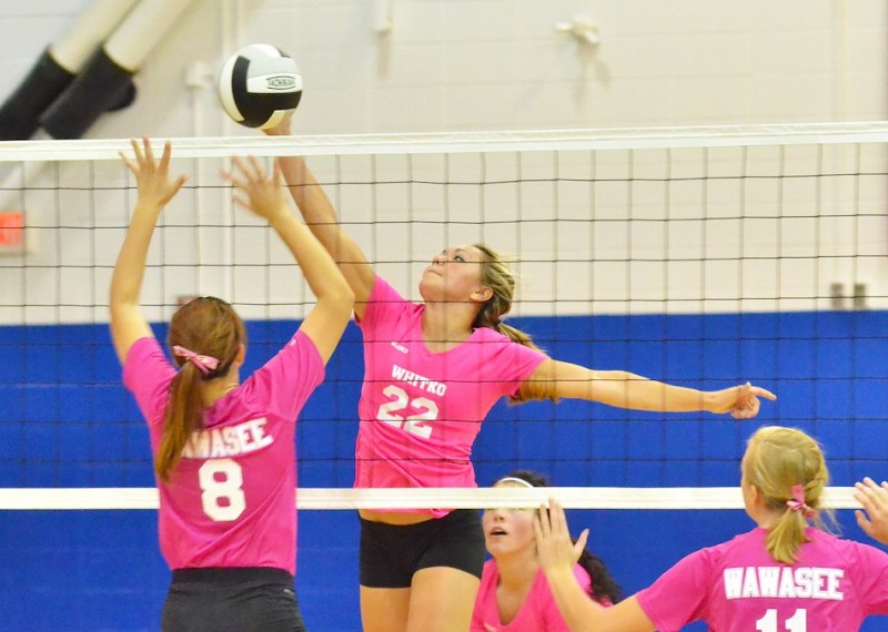 Whitko's Kaity Reed extends to get a piece of this ball. Reed had 11 kills for the Wildcats.