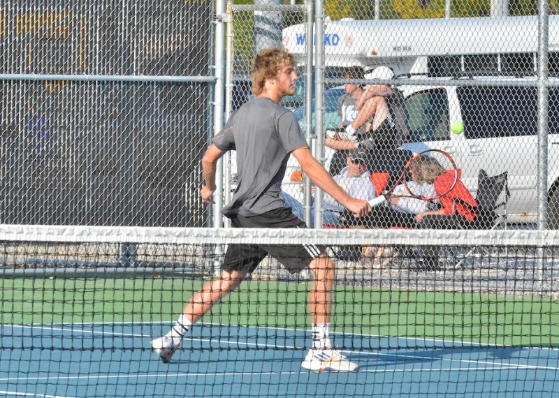 Warsaw's Sam Rice was a 6-2, 6-0 winner on the No. 1 singles court over Valley's Trevor Neeley Wednesday night in sectional semi-final play. (Photos by Nick Goralczyk)
