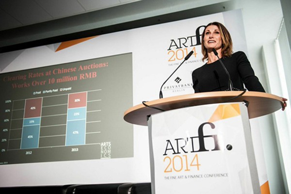 Speaker Clare McAndrew at the Artfi investment conference in Berlin.