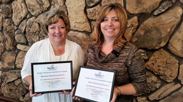 Mentone Elementary School Principal Angie Miller (left) and Akron Elementary School Principal Chrissy Mills (right) with the certificate of recognition provided by Speak Up Loud and Clear.