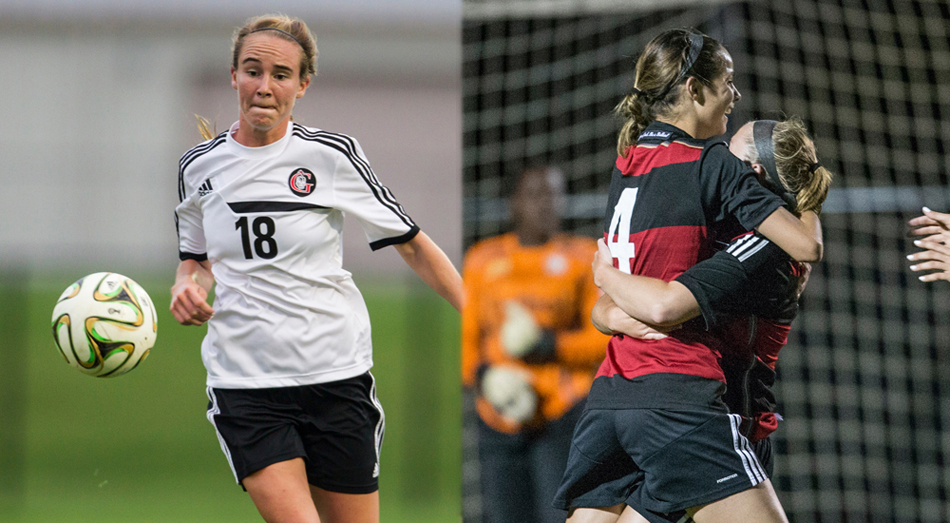 Grace College women's soccer players Carianne Sobey, left, and Mallory Rondeau were both named Crossroads League players of the year. (Photos provided by the Grace College Sports Information Department) 