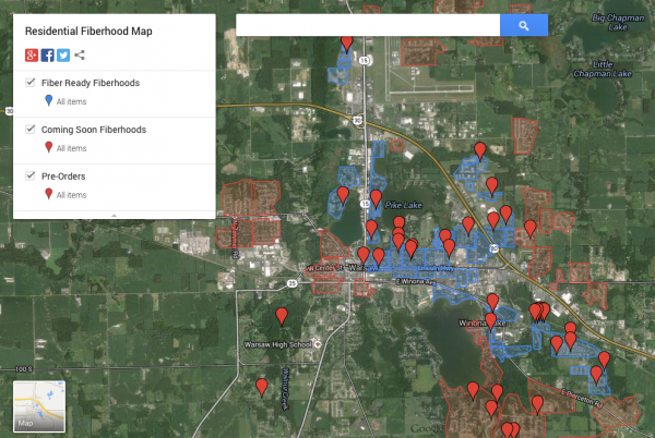 Map of Warsaw Fiber's "fiberhood" locations in Kosciusko County.