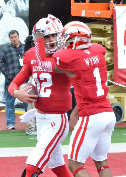 Indiana true freshman Zander Diamont (12) threw his first career touchdown pass to Shane Wynn (1) Saturday in New Jersey. (File photo by Nick Goralczyk)