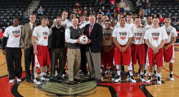 Grace College men's basketball coach Jim Kessler is honored Saturday night. Kessler, now in his 38th season at Grace, collected his 700th win Friday night (Photo provided by the Grace College Sports Information Department)