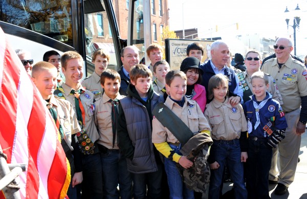 (L-R) Front row - Jacob and Nick Hawn, Ryan Harris, Parker Kelley, Frank Sexton, Andrew Frush and Charlie Sexton.Second row- Joe Hawn, Meraley Fugate, Bryston Canada, Curt Nisly, Alex Jordan, Mrs. Pence, Governor Pence, Sean Stabler, and Scoutmaster Dick McCleary. In the Back - Kole Smith and Dillon Hernandez ( hidden behind the Governor is Grayden Dunham).