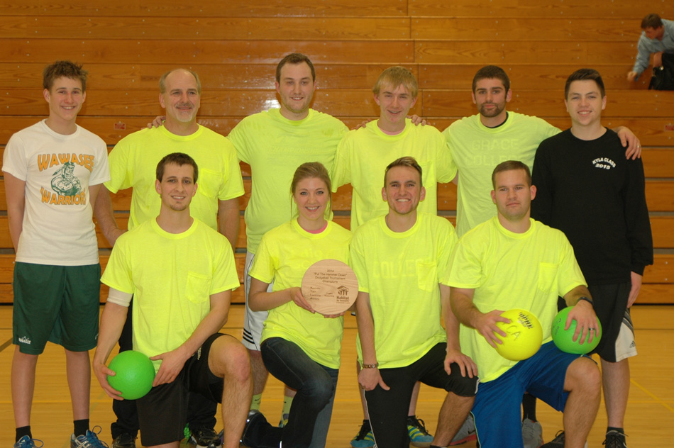 Winning the Put The Hammer Down Dodgeball Tourney was the team from Valley Springs Fellowship. In the front row are, from left, Stephen Straits, Stephanie Denlinger, Conner Williamson and Gabe Koser. In the back row are Owen Donahoe, Gregg Straits, Cal Denlinger, Daniel Messenger, Matt Abbitt and Kyle Weideman. (Photo by Chelsea Los)