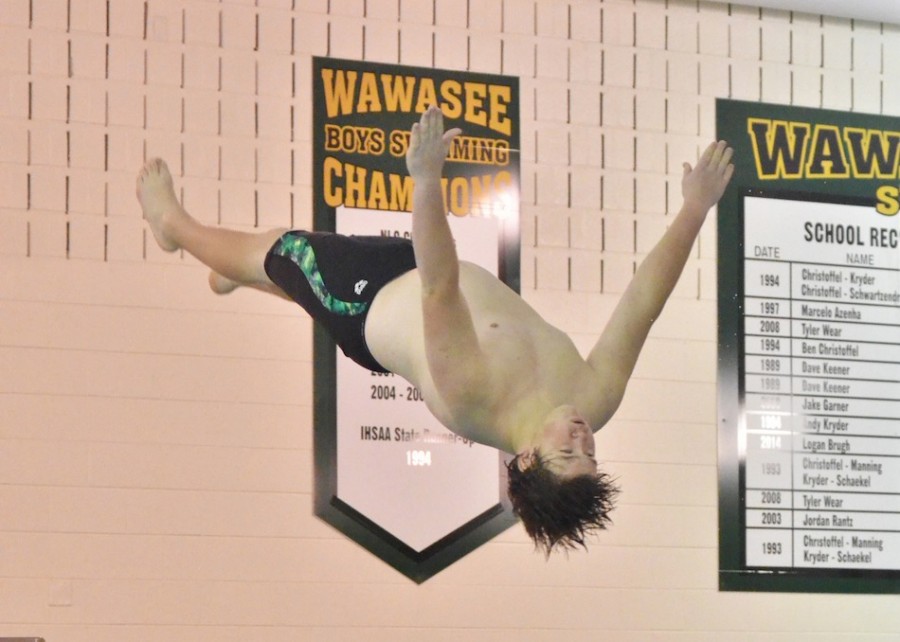 Tristen Atwood, a Wawasee senior, won the diving portion of Thursday's senior night meet against Plymouth. (Photo by Nick Goralczyk)