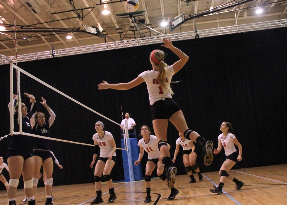 Grace College's Calah Kruse rises for an attack against Oklahoma Wesleyan Friday evening. (Photo provided by the Grace College Sports Information Department)