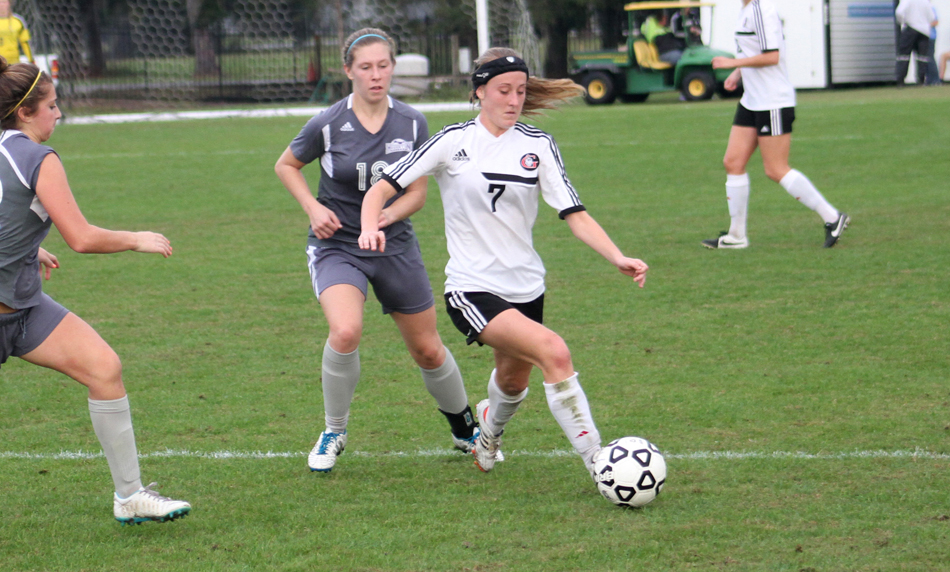 Grace College junior Meghan Wiles works during the first half against Houghton in the NCCAA women's soccer national semi-finals. (Photo provided by the Grace College Sports information Department)