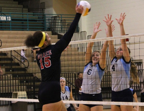 Sierra Smith of Grace College goes up for a kill attempt Saturday. The Lancers lost to No. 1 seed Trinity Christian in the semifinals of the NCCAA National Championships in Florida (Photo provided by Josh Neuhart)