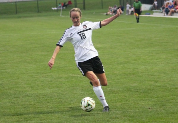 Carianne Sobey, shown in action earlier this season, had a goal and an assist for Grace in a 4-0 win Monday in the NCCAA Championships (File photo provided by the Grace College Sports Information Department)