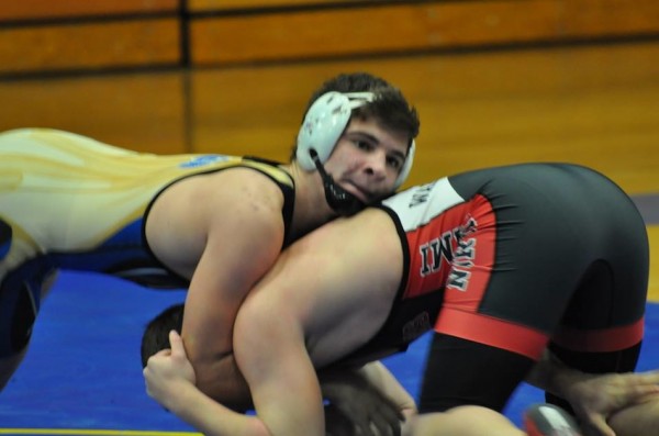 Nate Spangle of Triton controls his opponent Tuesday night. Spangle won by pin at 182 to help the Trojans defeat North Miami 34-22 (Photo provided)