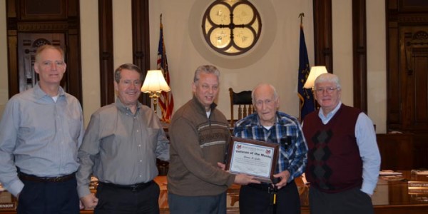 Pictured, from left, Brad Jackson, Ron Truex, Rich Maron, Veteran of the Month, Duane Gable, and Bob Conley.