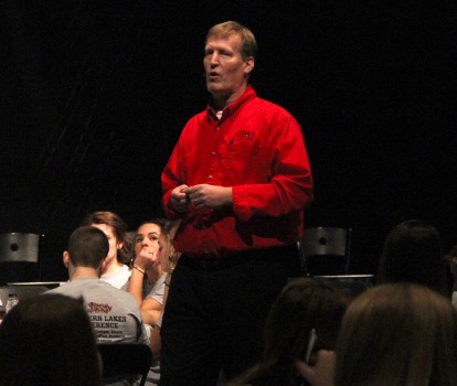 Grace College Vice President Jim Swanson speaks to students at the Northern Lakes Conference Sportsmanship Summit.