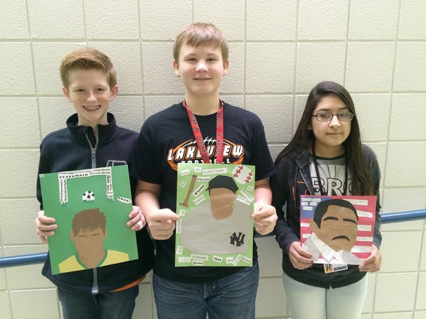 Lakeview Middle School's Graphic Design "Who Inspires You?" art project. L to R: Graham Landwerlen (Neymar da Silva Santos Jr.), Tyler Hitchcock (Lou Gehrig), and Maria Alonzo (Martin Luther King Jr.)