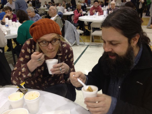  Kristi Martin and Nathan Freiburger of Syracuse enjoy their samples of soup at the sixth annual Wawasee Kiwanis Soup Supper. (Photo by Keith Knepp)