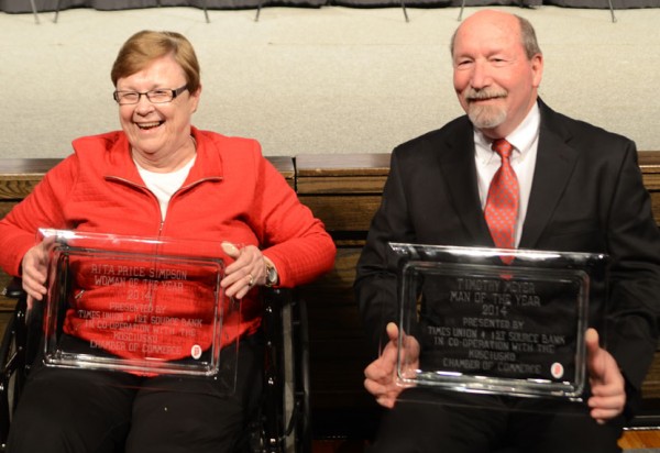 Rita Price Simpson and Tim Meyer were named the 2014 Woman and Man of the Year at the 103rd Annual Kosciusko Chamber of Commerce Membership Dinner. (Photo by Deb Patterson)
