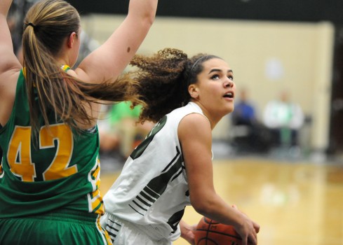 Wawasee' Seaquinn Bright looks for room to shoot around Valley defender Hannah Dunn.