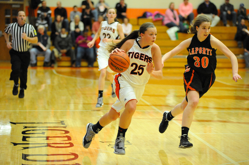 Warsaw's Madi Graham races upcourt against LaPorte Saturday night. (Photos by Mike Deak)