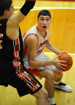 Jake Mangas looks for room to shoot against LaPorte.