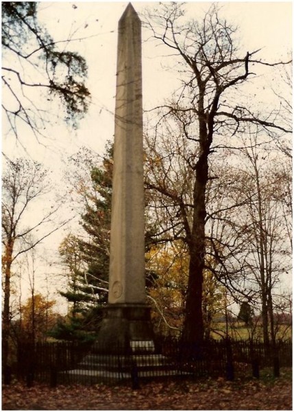 A 54-foot monument of Bedford limestone marks the spot of the Pigeon Roost settlement attacked by Native Americans in September 1812. Photo credit: Collings/Collins family, http://coll7777.com/PigeonRoost.html