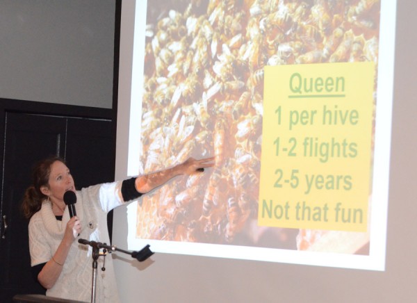 Charlotte Hubbard provides information about the hive's Queen bee. (Photo by Deb Patterson)