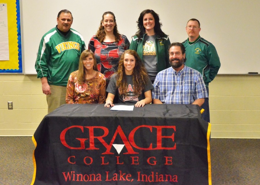 Pictured, in front from left, Lorene Teel, Caylie Teel and Bruce Teel. In back, Tippecanoe Valley Athletic Director Duane Burkhart, Grace head coach Andrea Harshman, Valley head coach Mallory Eaton and Valley assistant AD Scott Smith. (Photo by Nick Goralczyk)