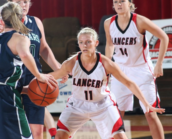 Gabby Bryant plays defense for Grace College Wednesday night. The Lancers defeated Mt. Vernon Nazarene 63-2 (Photo provided by the Grace College Sports Information Department)