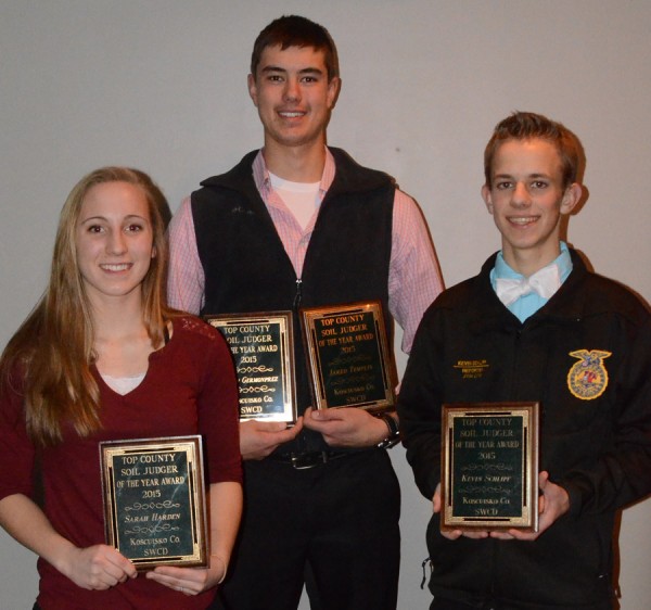 Four members of the Wawasee FFA Soils Judging Team were recognized by the Kosciusko County SWCD at its annual meeting, as the county’s top high school soil judgers. Shown from left are Sarah Hardin, Mason Germonprez and Kevin Schlipf. Not shown is Jared Templin. (Photo by Deb Patterson)